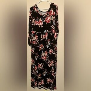 Longyuan Womens‎ Black Flared Sleeve Scoop Neck Floral Print Maxi Dress Size 2XL